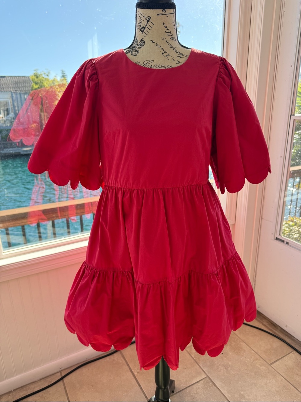 English Factory Red Scalloped Puff Sleeve Tiered Dress